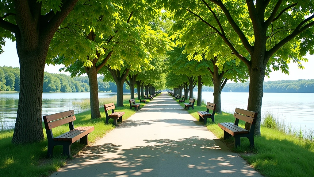 Paved walking path along lake shore with benches and trees on sunny day