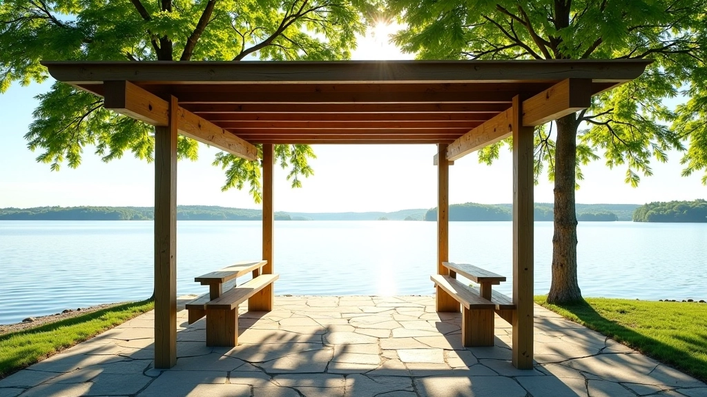 Wooden pergola structure by lake shore providing dappled shade, benches underneath